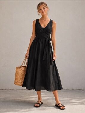 Banana Republic Black Cotton Voile Midi Dress Tie Waist Size 6 Minimalist